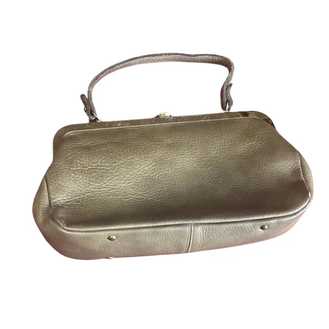 Vintage Taupe Pebble Leather Handbag with Pixelated Floral Lining