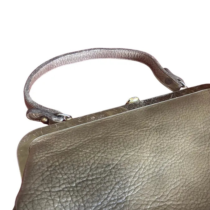 Vintage Taupe Pebble Leather Handbag with Pixelated Floral Lining