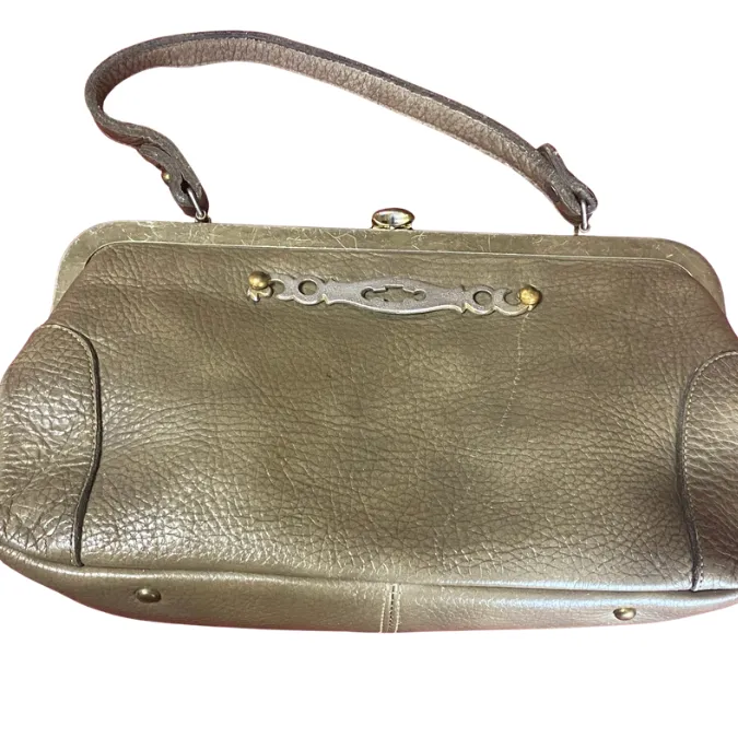 Vintage Taupe Pebble Leather Handbag with Pixelated Floral Lining
