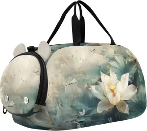 Vintage White Flower Dragonfly Carry on Duffel Bag for Boys Weekender Overnight Girls Tote Duffle Bags Travel with Shoe Compartment