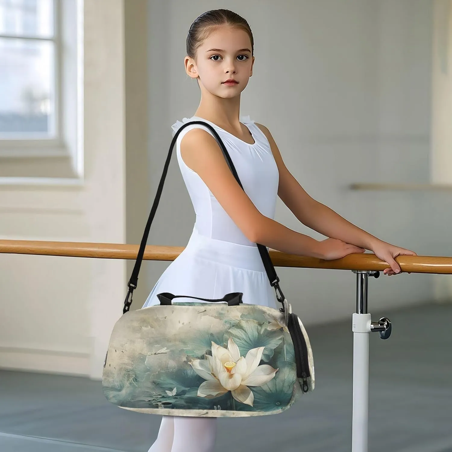 Vintage White Flower Dragonfly Carry on Duffel Bag for Boys Weekender Overnight Girls Tote Duffle Bags Travel with Shoe Compartment