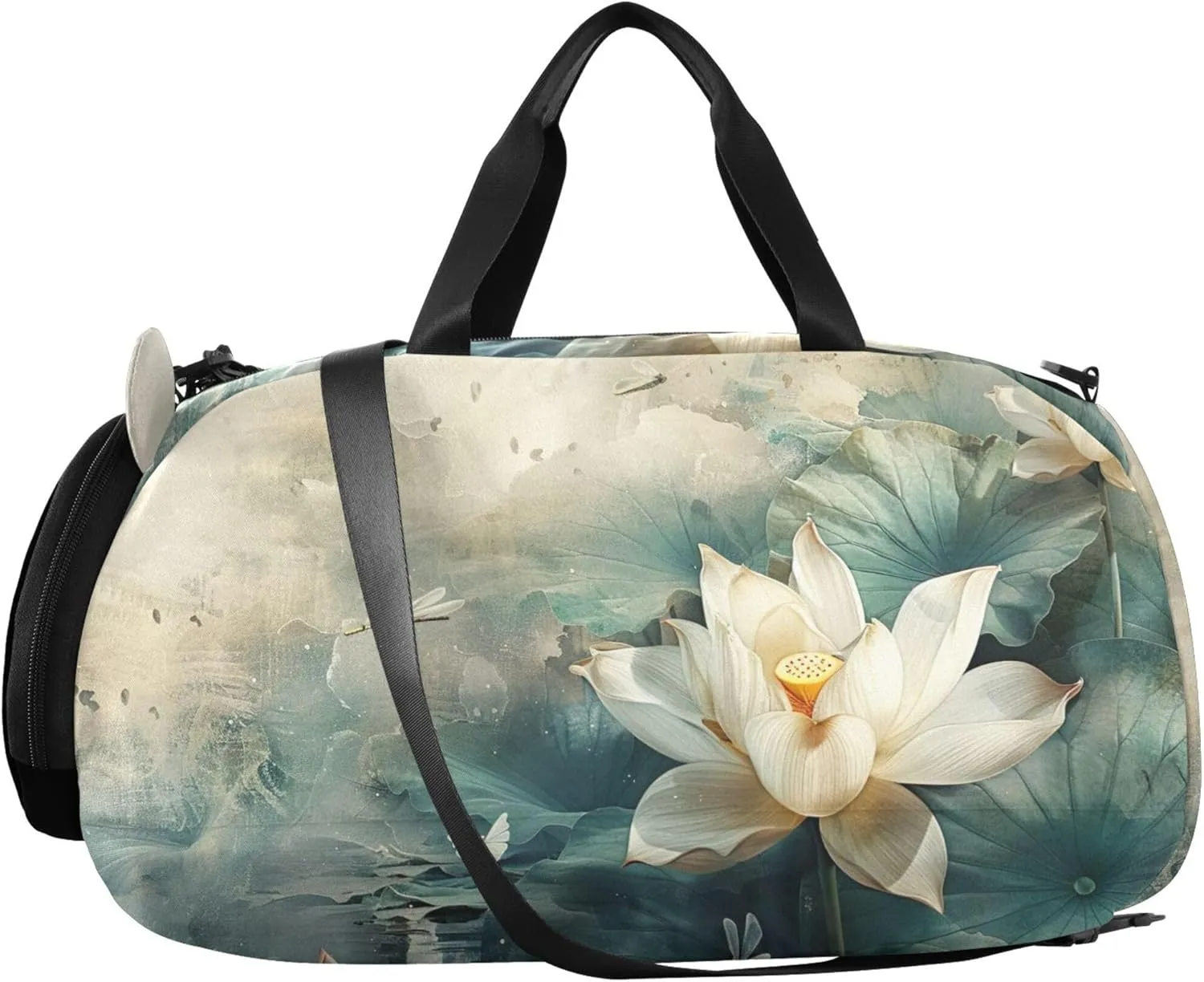 Vintage White Flower Dragonfly Carry on Duffel Bag for Boys Weekender Overnight Girls Tote Duffle Bags Travel with Shoe Compartment