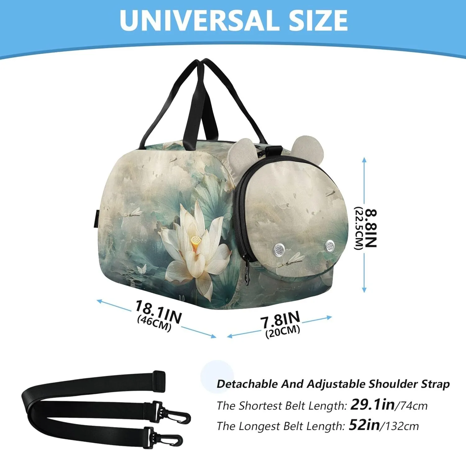 Vintage White Flower Dragonfly Carry on Duffel Bag for Boys Weekender Overnight Girls Tote Duffle Bags Travel with Shoe Compartment