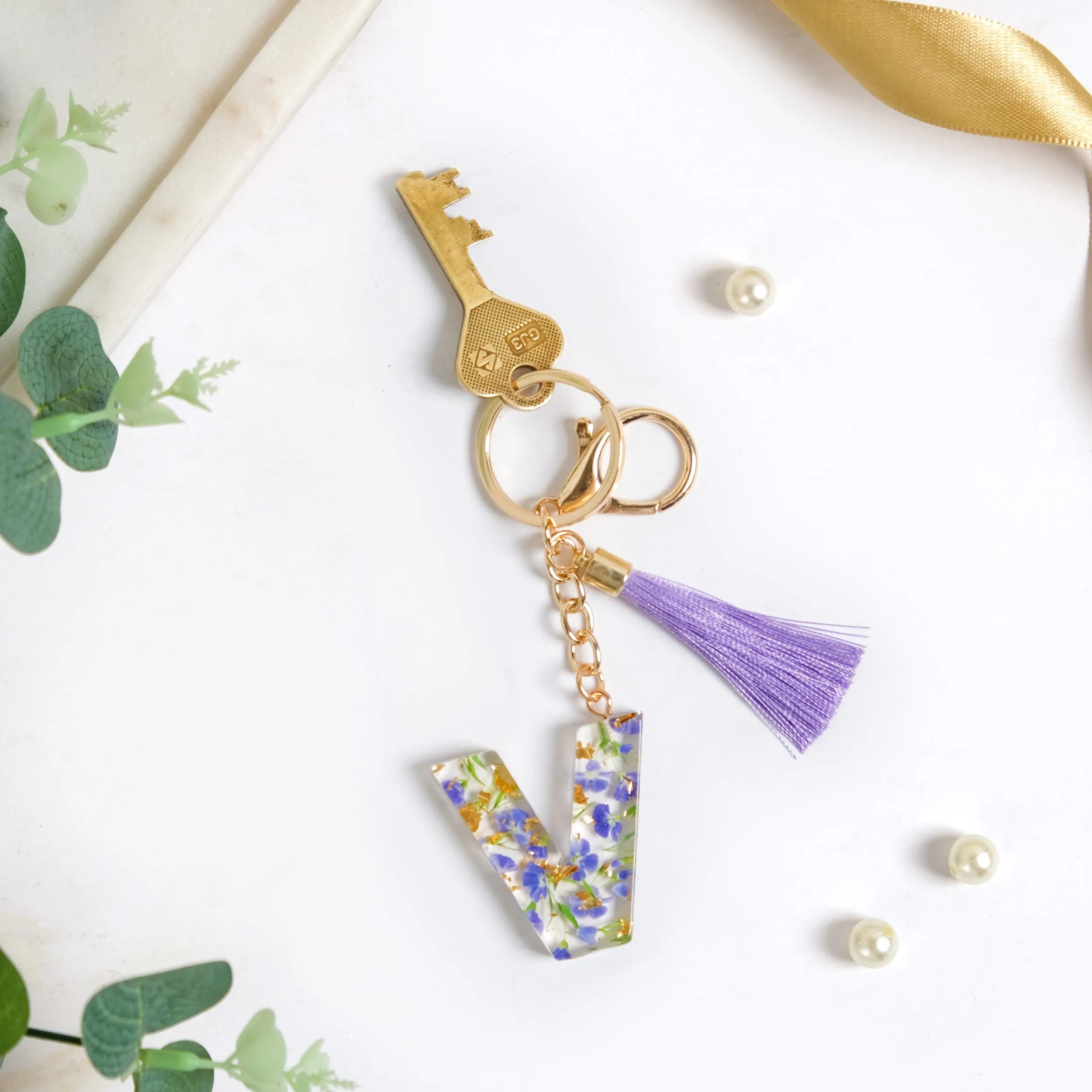 Violet Whimsy Pressed Flower V Keychain