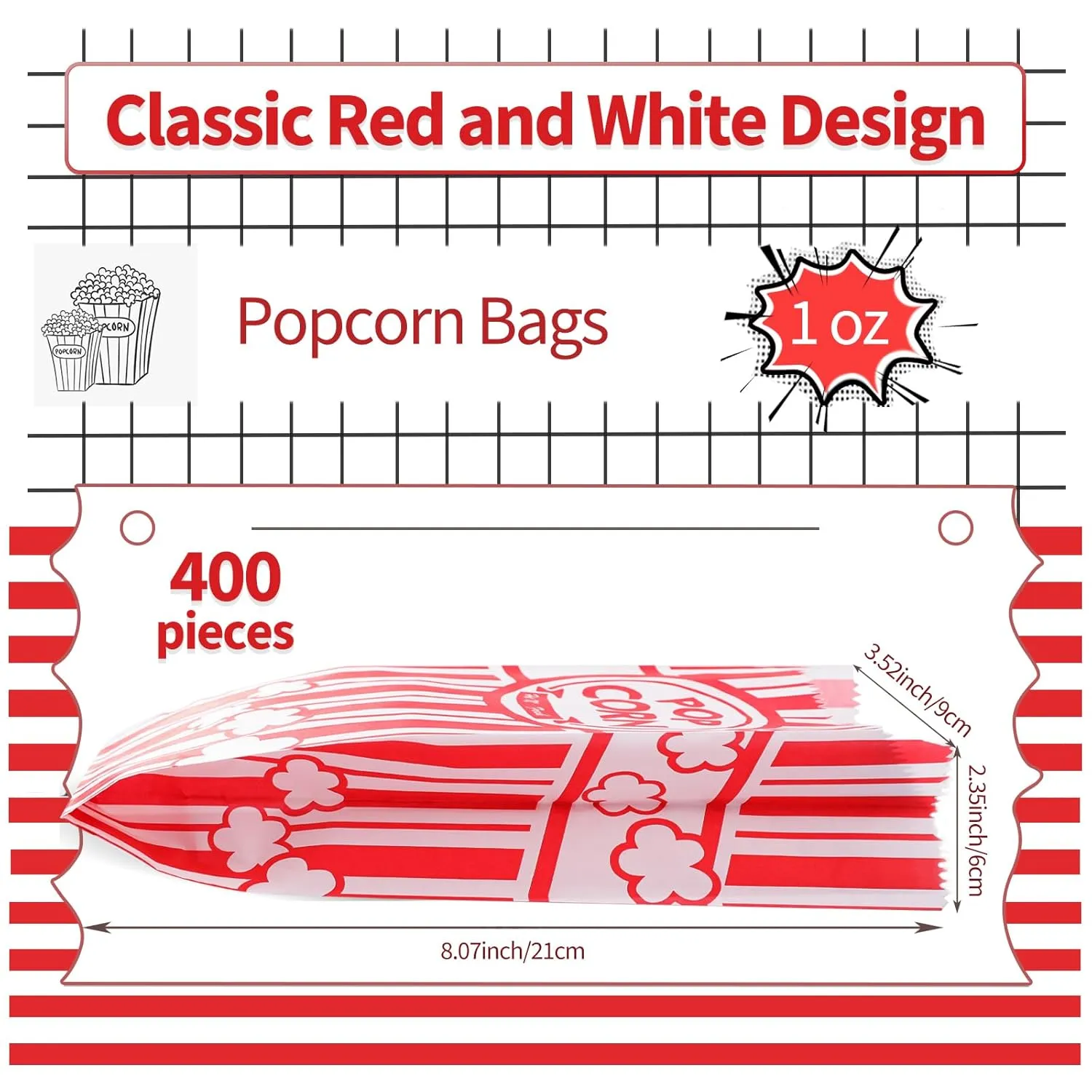 VOISEN Paper Popcorn Bags,400 Pack 1oz Popcorn Bags Individual Servings, Popcorn Bag Bulk for Popcorn Machine,Movie Nights Pop Corn Bags