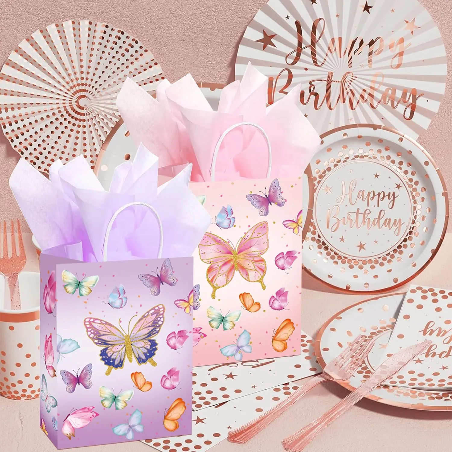 W WINTMING 16 Pcs Butterfly Gift Bags Butterfly Party Favor Bags with Tissue Paper Pink Purple Paper Goodie Bag Birthday Bag for Wedding, Birthday, Party Supplies and Gift (Butterfly)