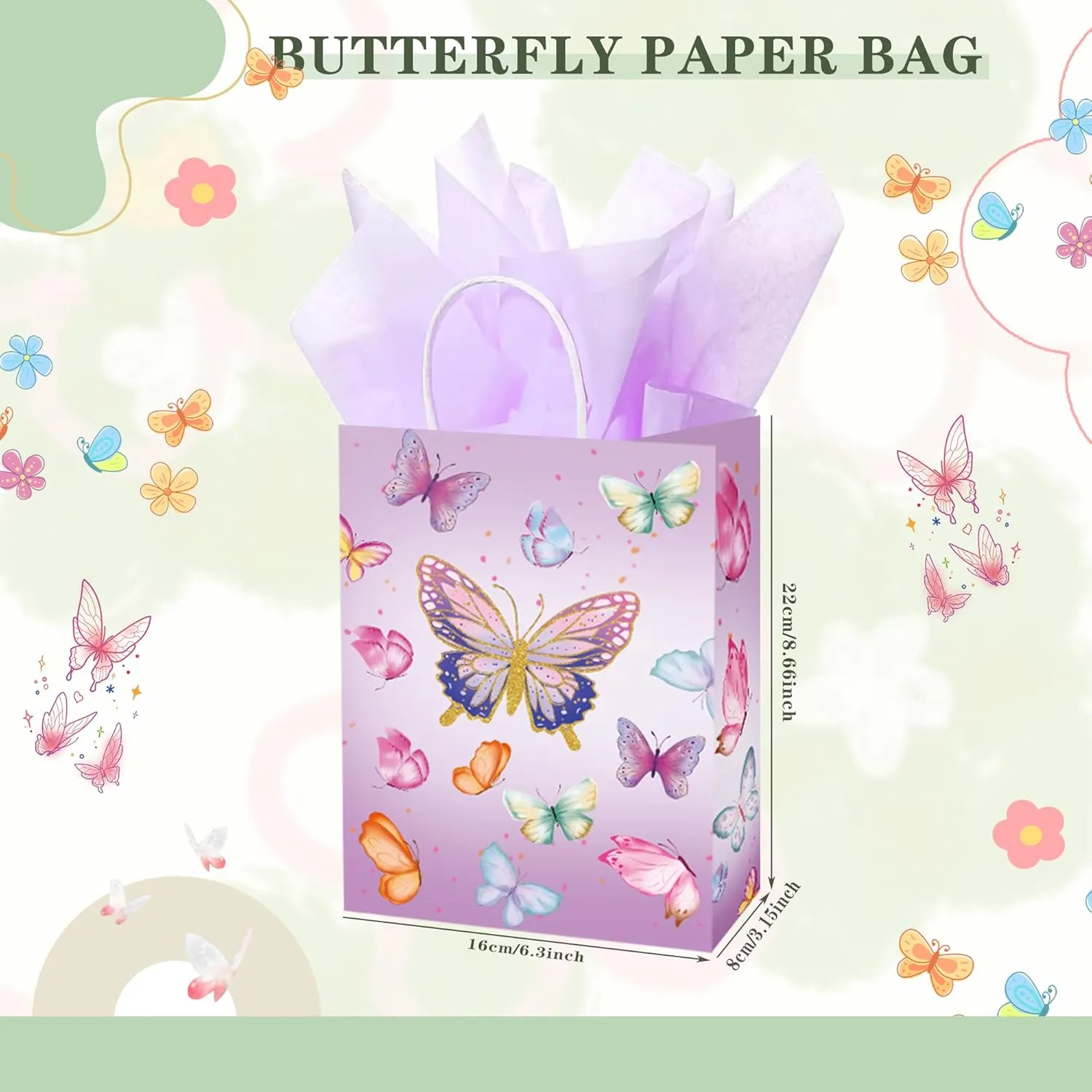 W WINTMING 16 Pcs Butterfly Gift Bags Butterfly Party Favor Bags with Tissue Paper Pink Purple Paper Goodie Bag Birthday Bag for Wedding, Birthday, Party Supplies and Gift (Butterfly)