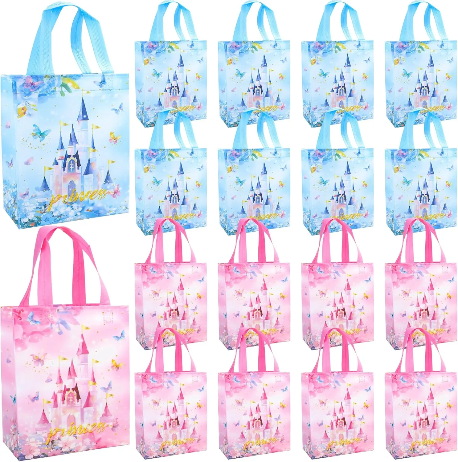 W WINTMING 24 Pcs Princess Prince Party Favor Bags, Floral Castle Candy Goodie Bags, Pink Blue Princess Prince Birthday Gift Bags with Handles for Kids Boys Girls