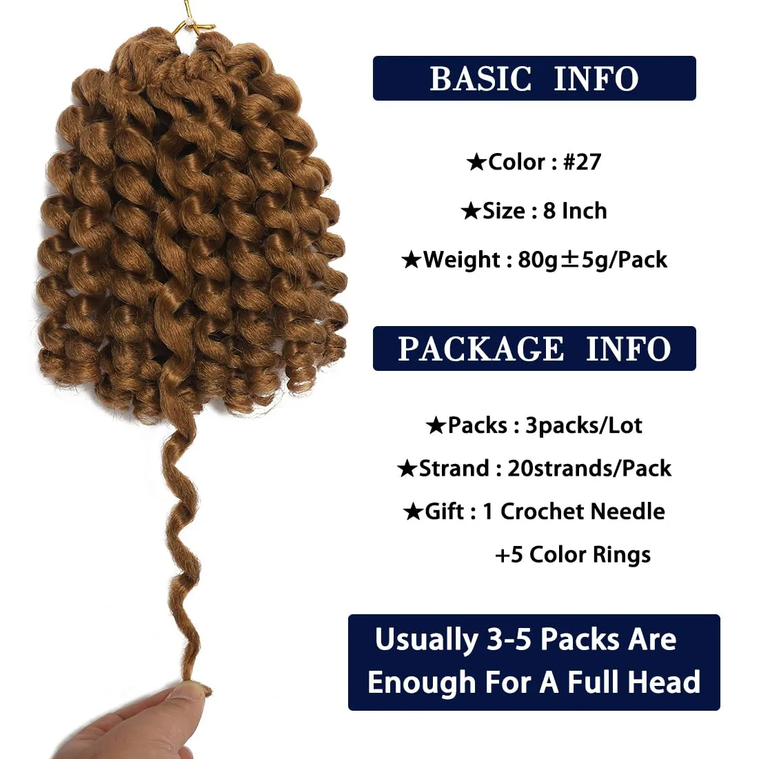 Wand Curl Crochet Braids Hair 8 Inch Jamaican Wand Curl Ombre Jamaican Bounce Curl Colored Crochet Braids Ringlet Twist Hair Extension Crochet Hair(3PCS,27#)