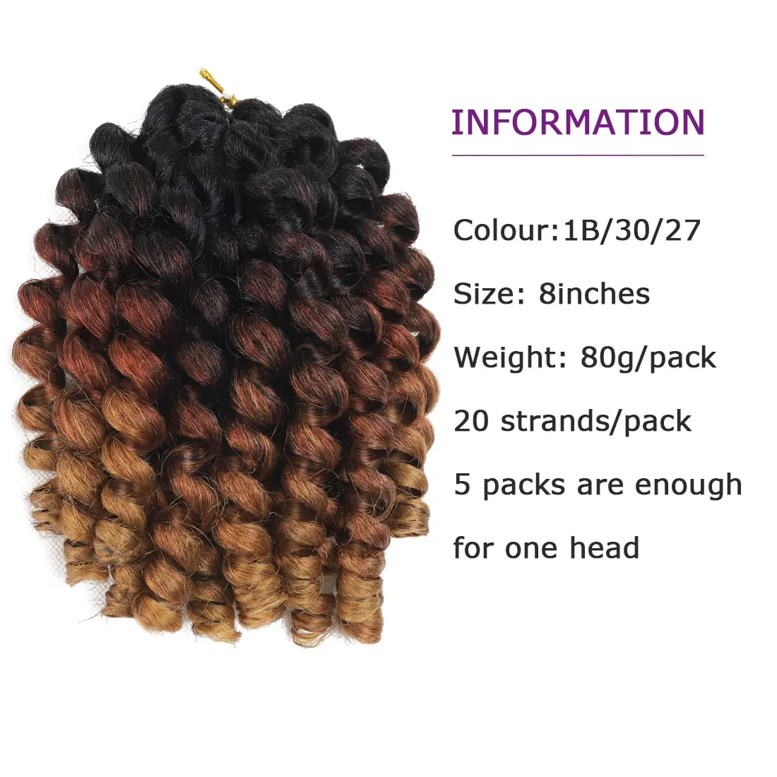 Wand Curl Crochet Braids Hair Jamaican Bounce Crochet Hair 8 Inch Wand Curl Jamaican Braids Ringlet Twist Hair Extension Crochet Hair (5 PCS, 1B/30/27)