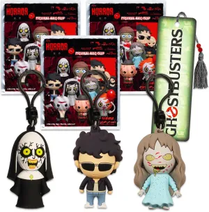 WARNER BROS PICTURES Horror Movie Blind Bags Party Favors 3 Pack - Bundle with 3 Classic Horror Keychain Mystery Figures Plus Bookmark, More | Horror Movie Bag Clips for Teens, Adults