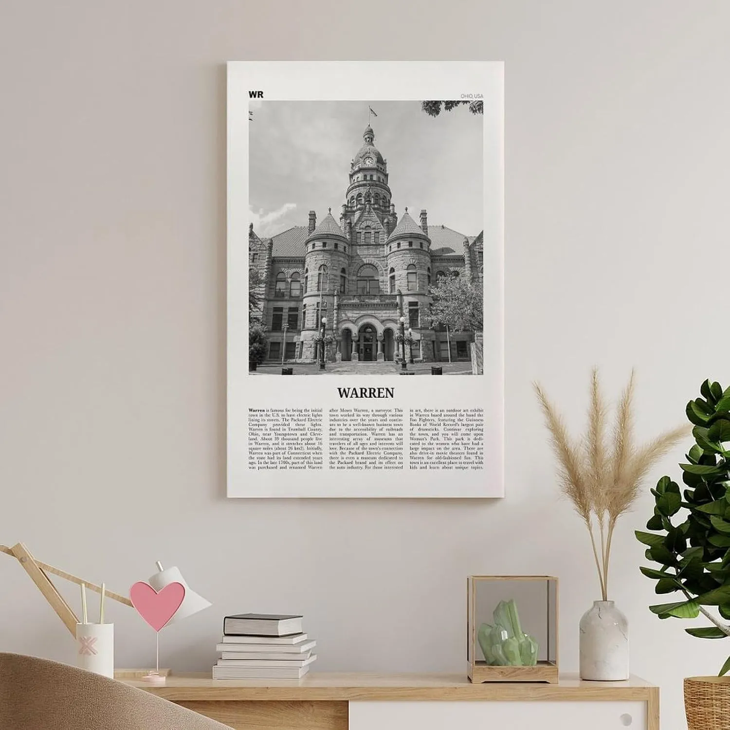 Warren Print Black And White, Warren Wall Art, Warren Poster, Warren Photo, Warren Wall Décor, Warren Map, Ohio, USA Poster Print for Teen Boys Room Wall Art Canvas Painting Print 16x24inch(40x60cm)