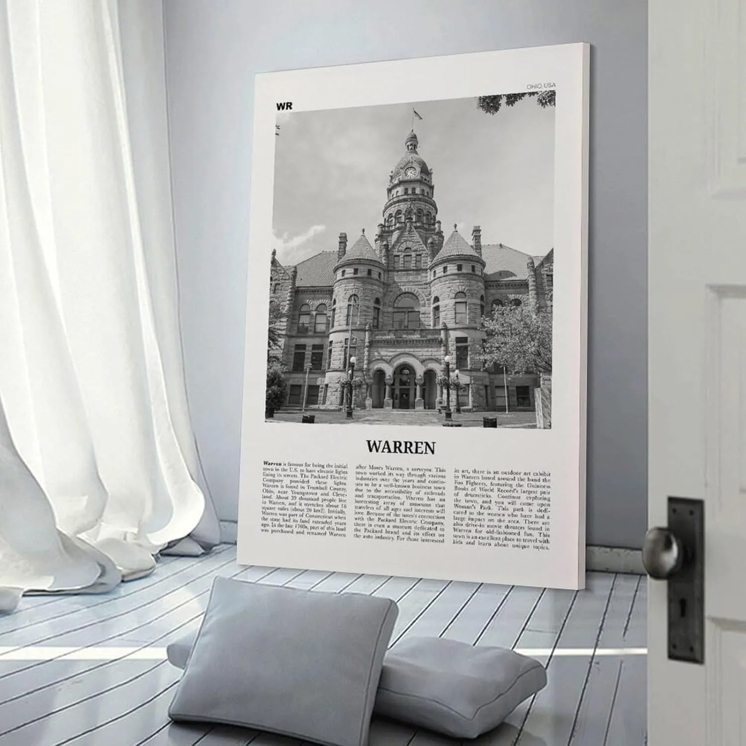 Warren Print Black And White, Warren Wall Art, Warren Poster, Warren Photo, Warren Wall Décor, Warren Map, Ohio, USA Poster Print for Teen Boys Room Wall Art Canvas Painting Print 16x24inch(40x60cm)