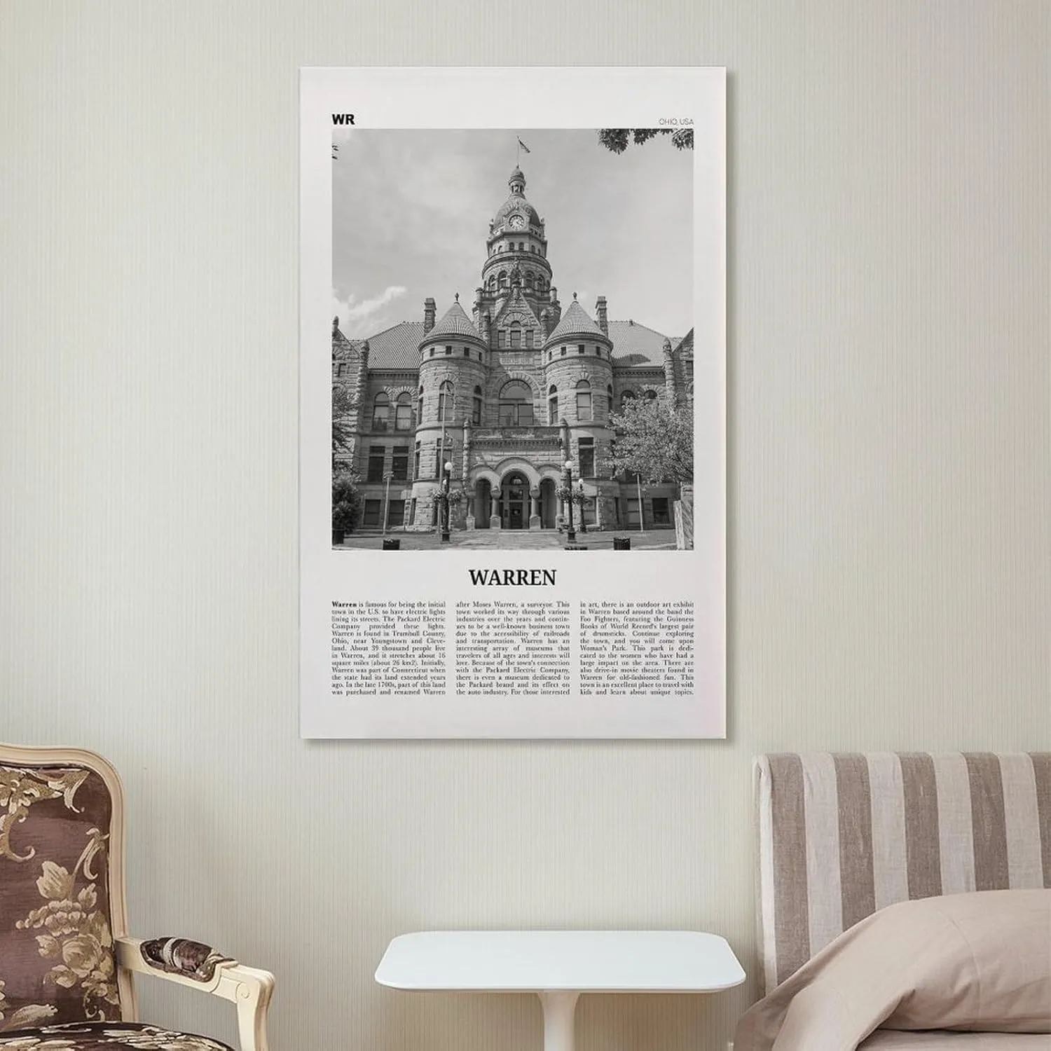 Warren Print Black And White, Warren Wall Art, Warren Poster, Warren Photo, Warren Wall Décor, Warren Map, Ohio, USA Poster Print for Teen Boys Room Wall Art Canvas Painting Print 16x24inch(40x60cm)