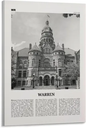 Warren Print Black And White, Warren Wall Art, Warren Poster, Warren Photo, Warren Wall Décor, Warren Map, Ohio, USA Poster Print for Teen Boys Room Wall Art Canvas Painting Print 16x24inch(40x60cm)