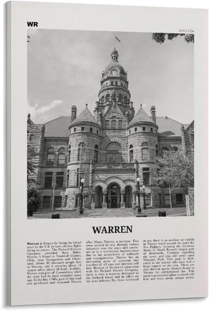 Warren Print Black And White, Warren Wall Art, Warren Poster, Warren Photo, Warren Wall Décor, Warren Map, Ohio, USA Poster Print for Teen Boys Room Wall Art Canvas Painting Print 16x24inch(40x60cm)