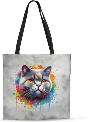 Watercolor Drip Cat Pop Art Colorful Portrait Artwork Canvas Tote Bag
