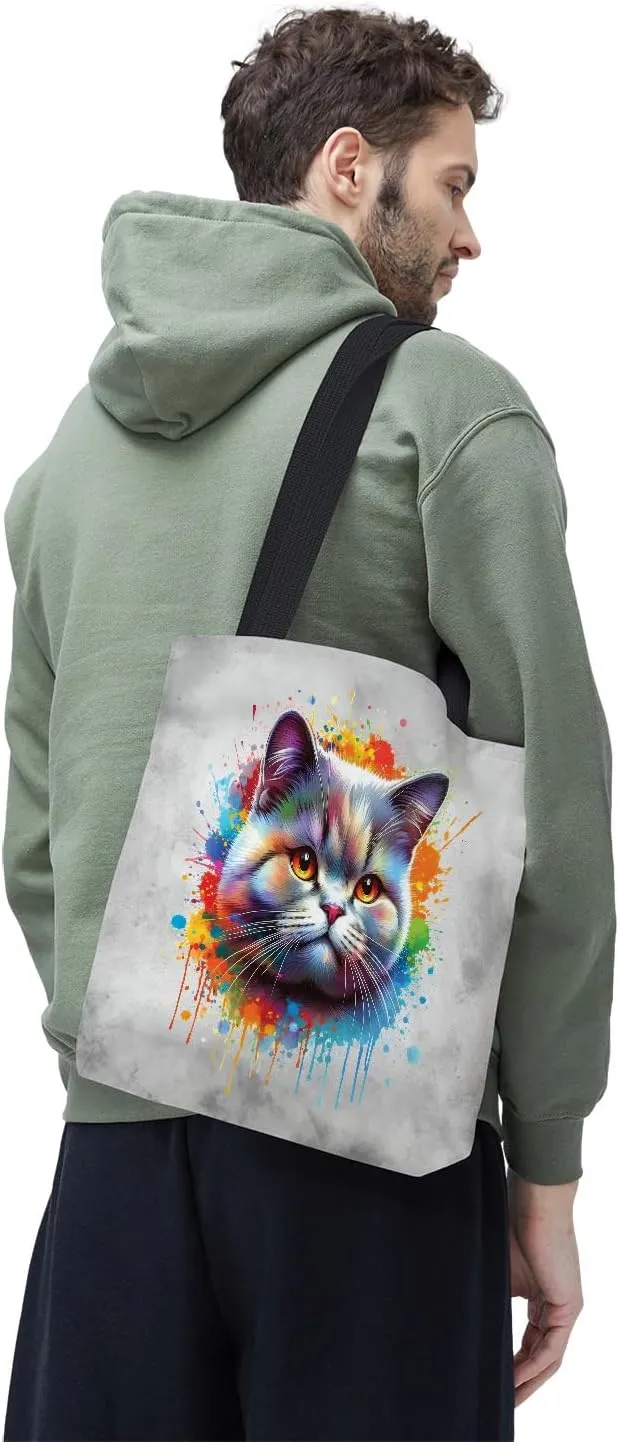 Watercolor Drip Cat Pop Art Colorful Portrait Artwork Canvas Tote Bag