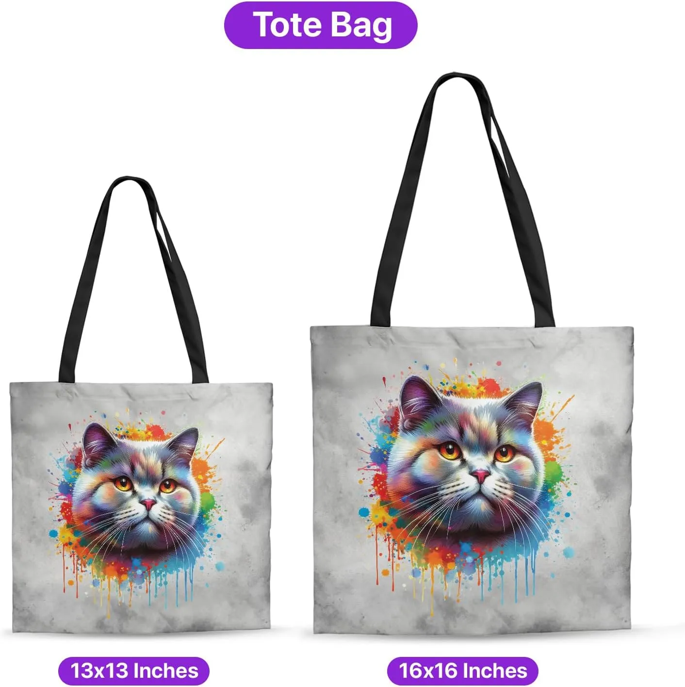 Watercolor Drip Cat Pop Art Colorful Portrait Artwork Canvas Tote Bag