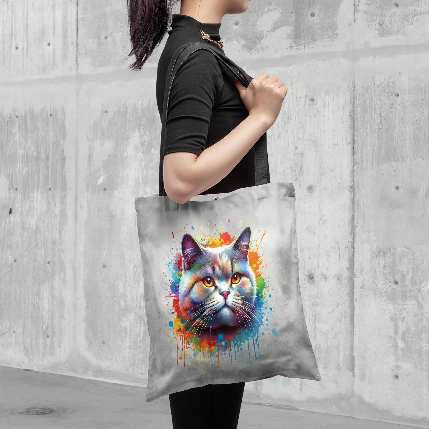 Watercolor Drip Cat Pop Art Colorful Portrait Artwork Canvas Tote Bag