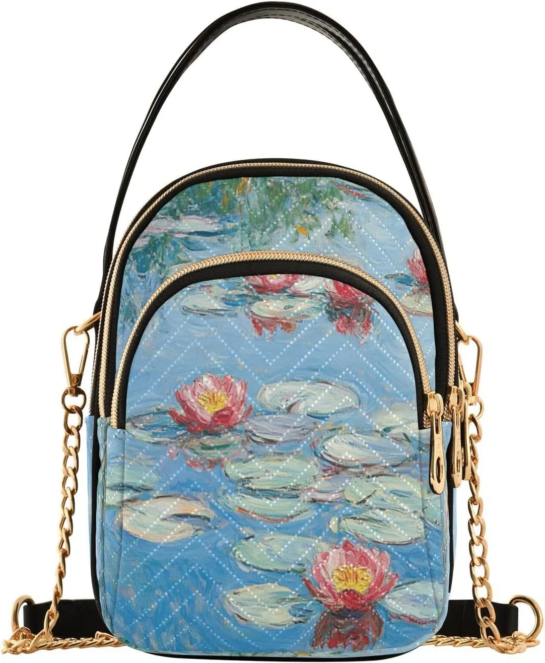 Waterlily Flower Reflection Multi Pockets Crossbody Bags for Women Zip Cell Phone Purse Wallet Bag with Detachable Shoulder Strap Wallet Purses for Women Girls Trendy Shopping Traveling Working Gift
