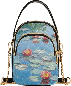 Waterlily Flower Reflection Multi Pockets Crossbody Bags for Women Zip Cell Phone Purse Wallet Bag with Detachable Shoulder Strap Wallet Purses for Women Girls Trendy Shopping Traveling Working Gift