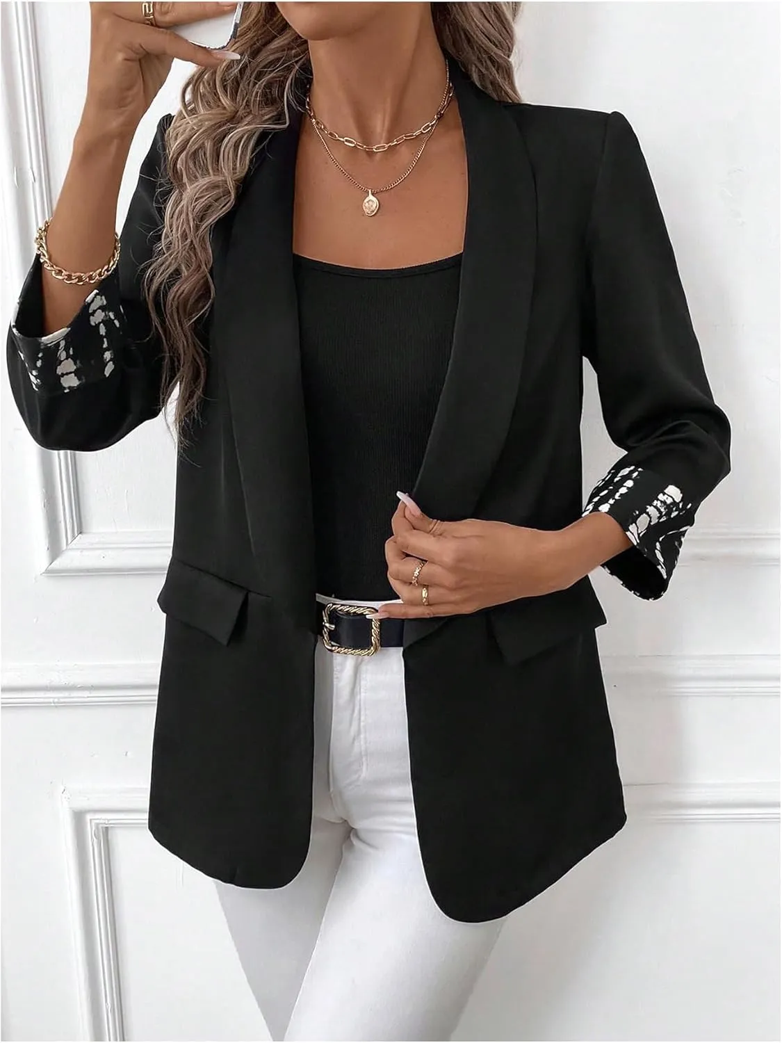 WDIRARA Women's Leopard Print Shawl Collar Open Front 3/4 Sleeve Blazer Jacket