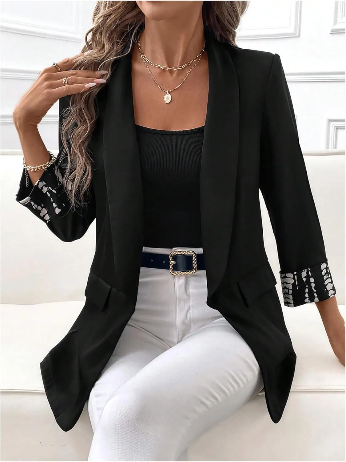 WDIRARA Women's Leopard Print Shawl Collar Open Front 3/4 Sleeve Blazer Jacket