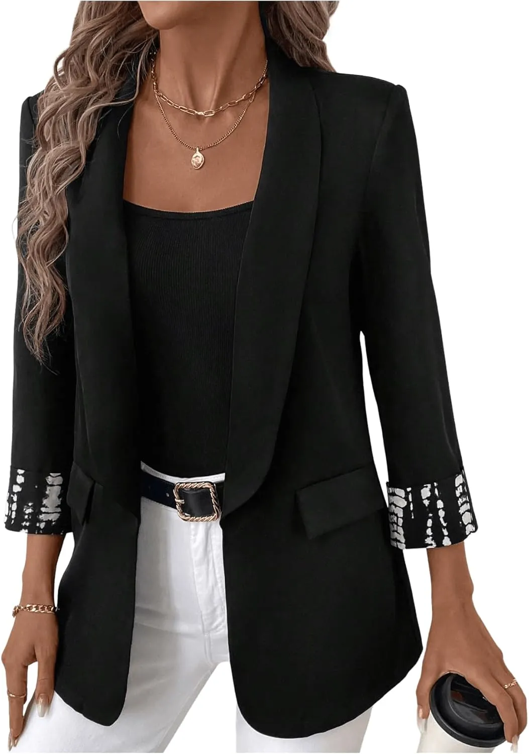 WDIRARA Women's Leopard Print Shawl Collar Open Front 3/4 Sleeve Blazer Jacket