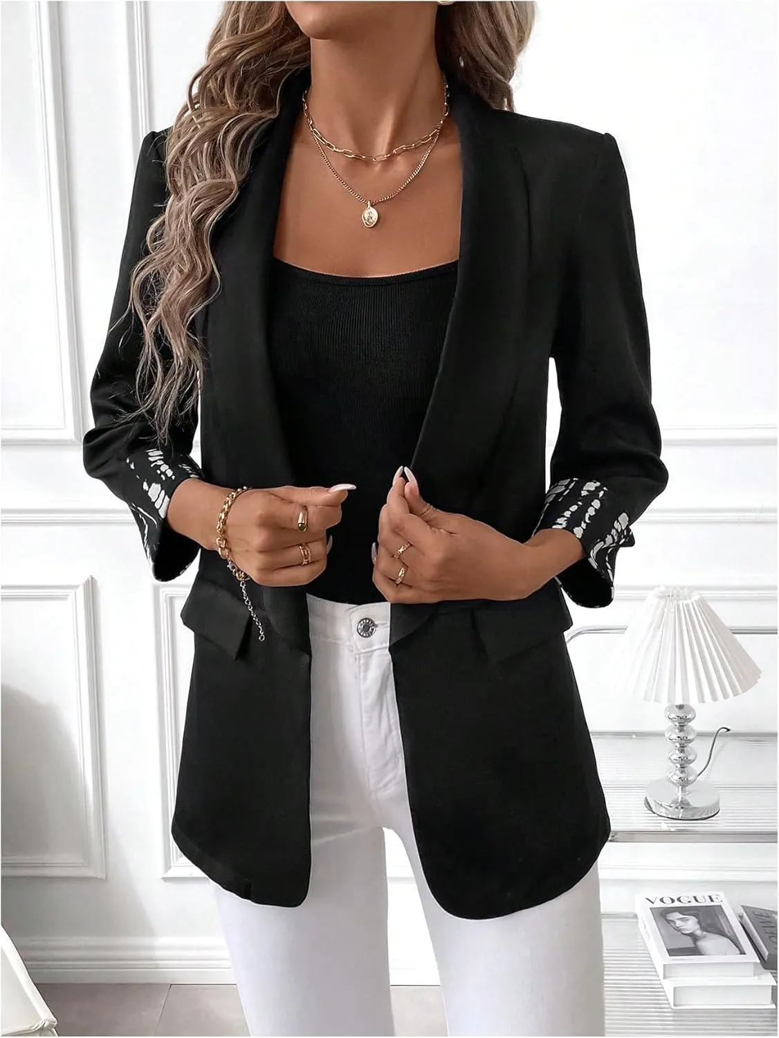 WDIRARA Women's Leopard Print Shawl Collar Open Front 3/4 Sleeve Blazer Jacket