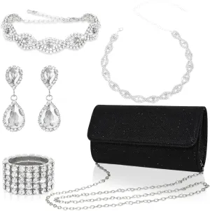 Wecoe 5pcs/set Jewelry Purse Set For Women Clutch Handbags Rhinestone Diamond Earrings Necklaces Bracelets Ring Set Wedding Bridal Homecoming Prom Costume Jewelry Formal Evening Bag Accessories