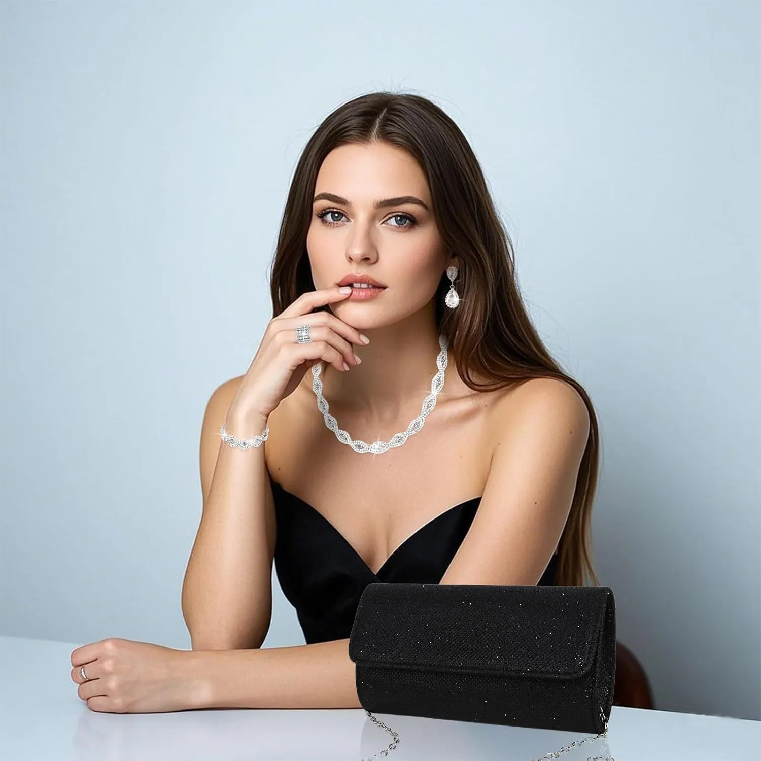 Wecoe 5pcs/set Jewelry Purse Set For Women Clutch Handbags Rhinestone Diamond Earrings Necklaces Bracelets Ring Set Wedding Bridal Homecoming Prom Costume Jewelry Formal Evening Bag Accessories
