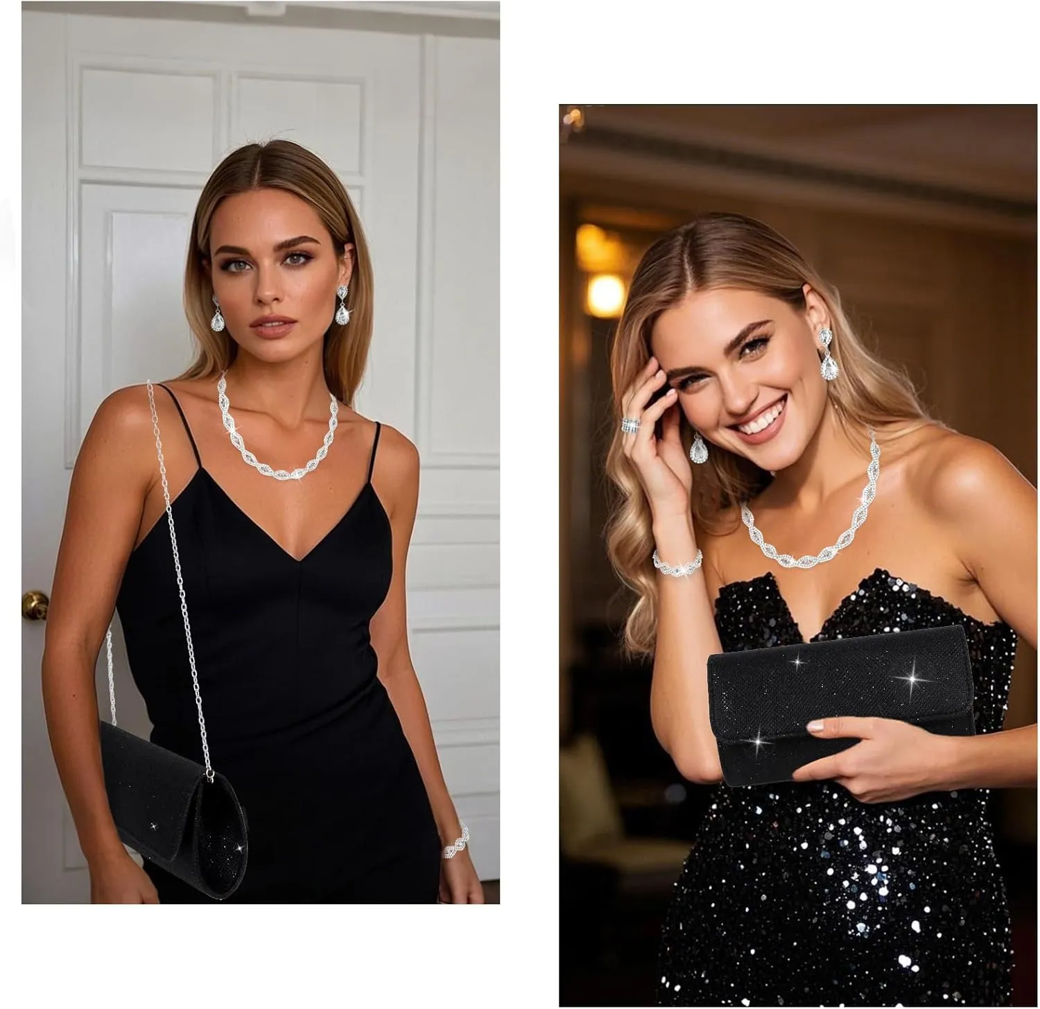 Wecoe 5pcs/set Jewelry Purse Set For Women Clutch Handbags Rhinestone Diamond Earrings Necklaces Bracelets Ring Set Wedding Bridal Homecoming Prom Costume Jewelry Formal Evening Bag Accessories