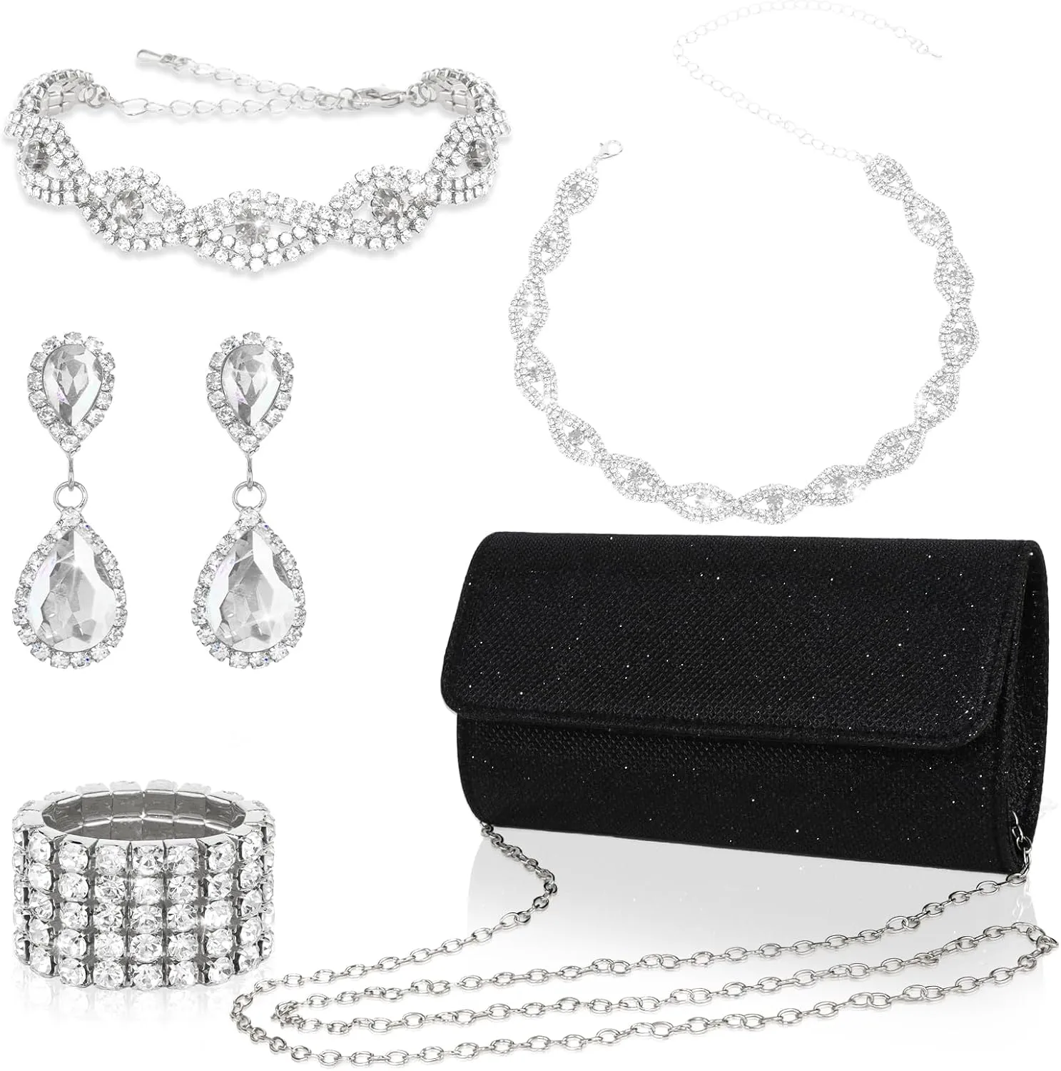 Wecoe 5pcs/set Jewelry Purse Set For Women Clutch Handbags Rhinestone Diamond Earrings Necklaces Bracelets Ring Set Wedding Bridal Homecoming Prom Costume Jewelry Formal Evening Bag Accessories