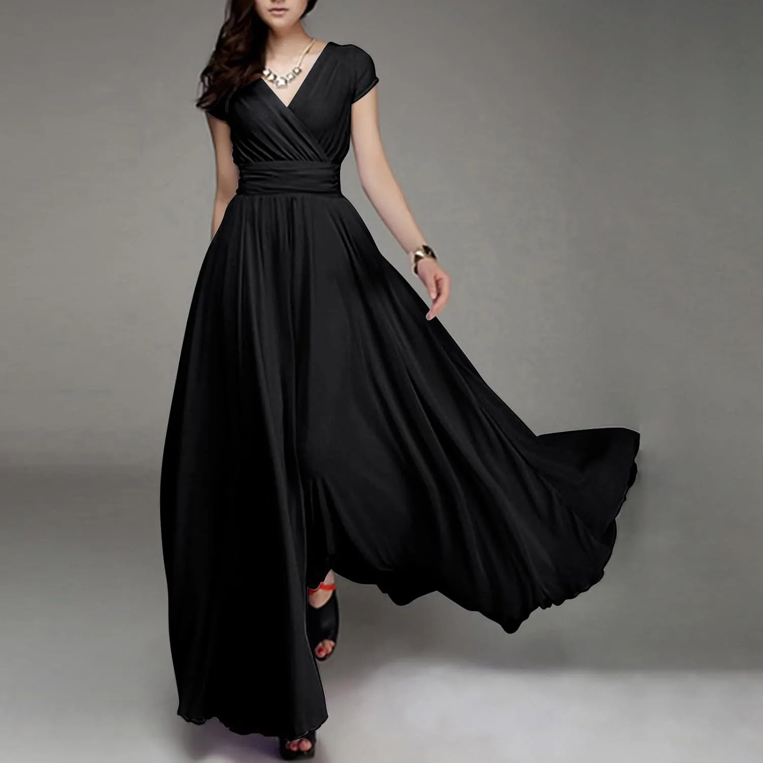 Wedding Guest Dresses for Women Chiffon Cap Sleeve V Neck Maxi Length Evening Ball Gowns Flowy Bridesmaid Dresses