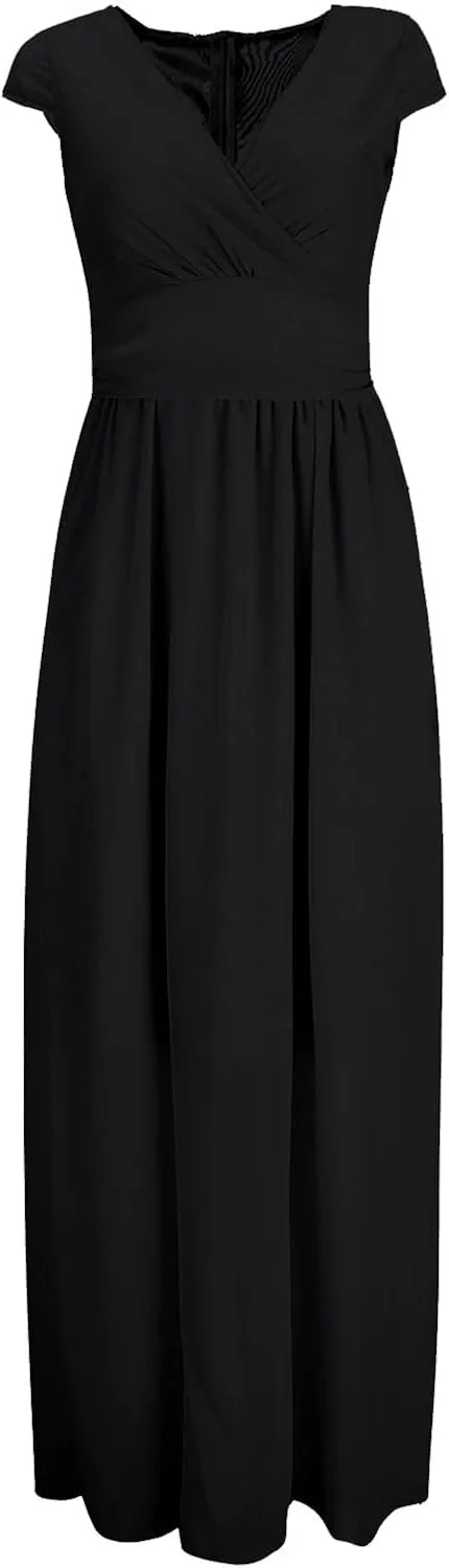 Wedding Guest Dresses for Women Chiffon Cap Sleeve V Neck Maxi Length Evening Ball Gowns Flowy Bridesmaid Dresses