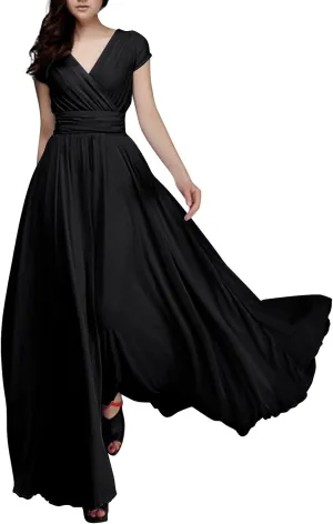 Wedding Guest Dresses for Women Chiffon Cap Sleeve V Neck Maxi Length Evening Ball Gowns Flowy Bridesmaid Dresses