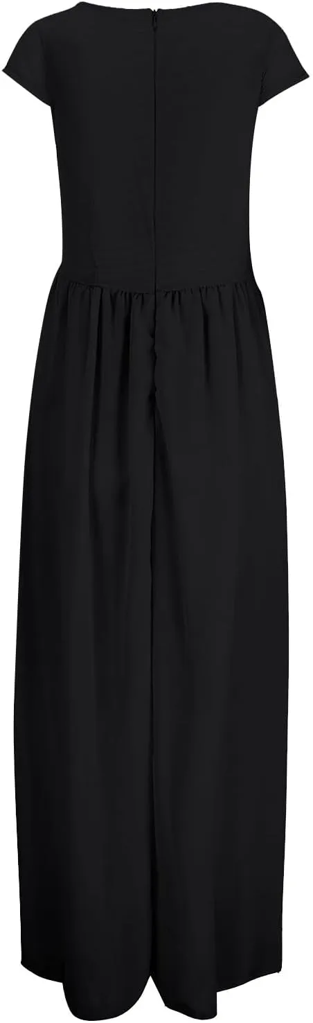 Wedding Guest Dresses for Women Chiffon Cap Sleeve V Neck Maxi Length Evening Ball Gowns Flowy Bridesmaid Dresses