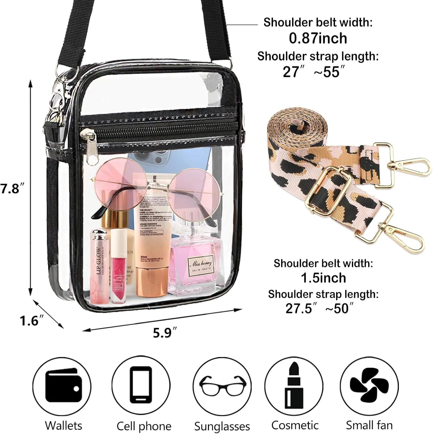WEDDINGHELPER Clear Crossbody Bag, Clear Bag Stadium Approved Adjustable Strap for Concerts Sports Events