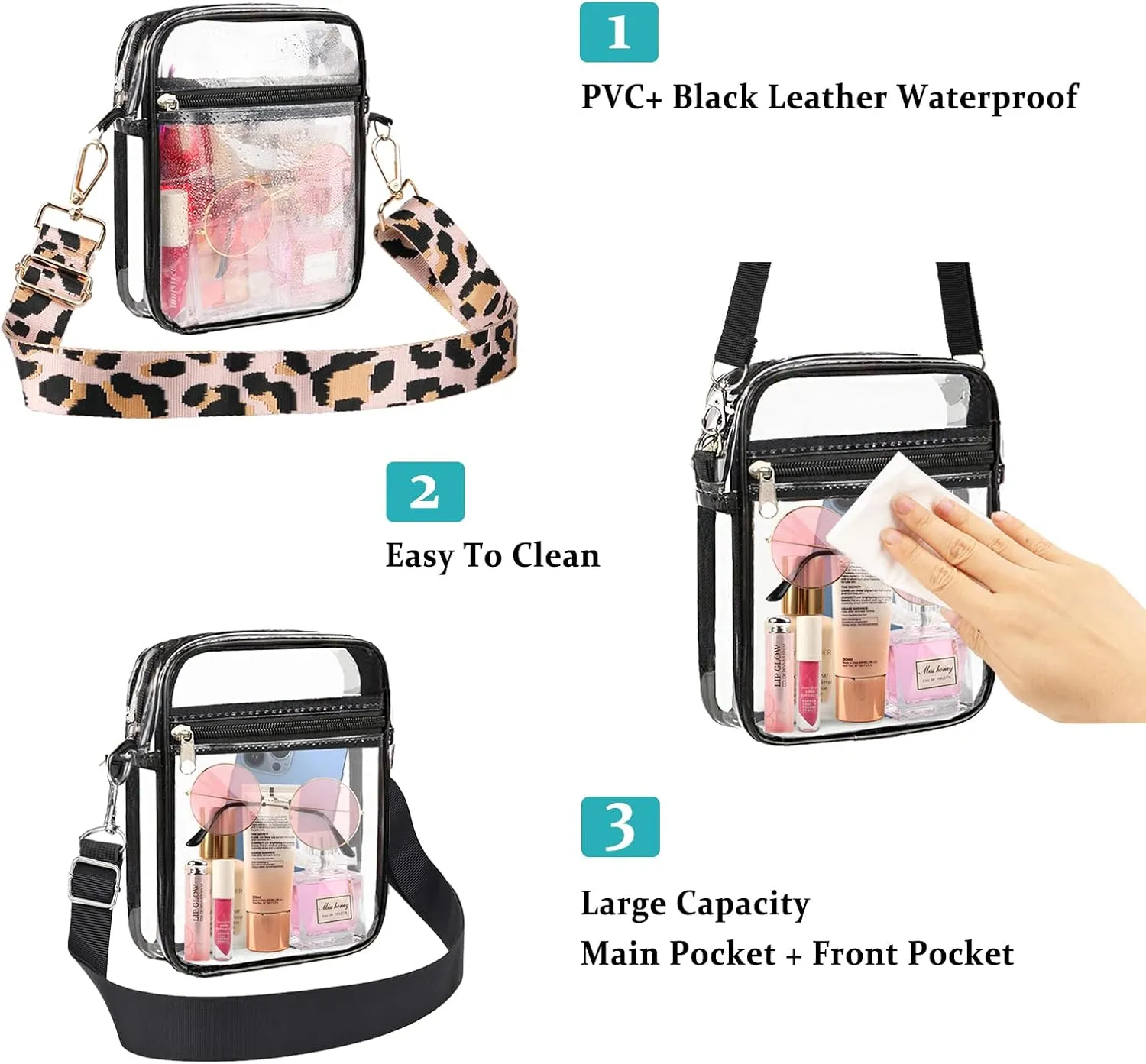 WEDDINGHELPER Clear Crossbody Bag, Clear Bag Stadium Approved Adjustable Strap for Concerts Sports Events