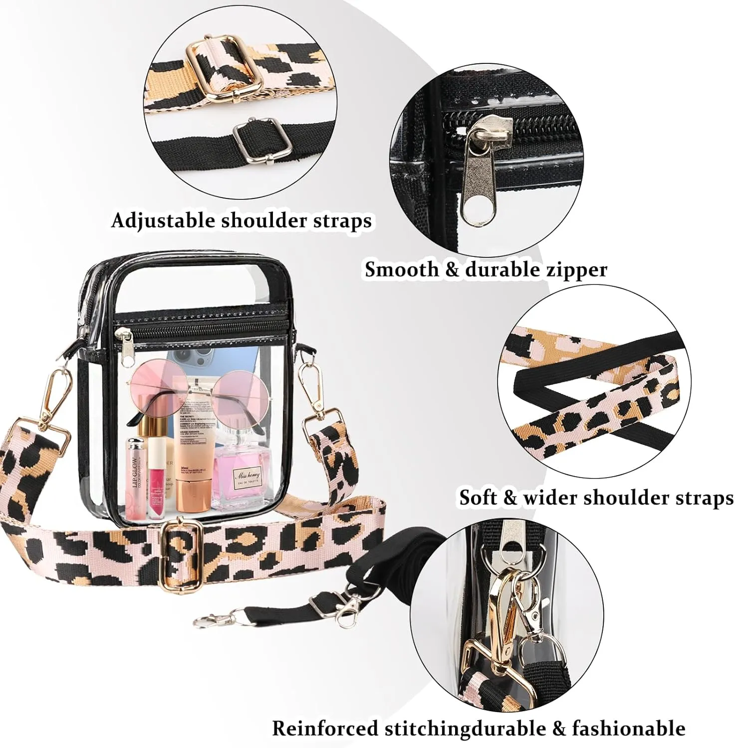 WEDDINGHELPER Clear Crossbody Bag, Clear Bag Stadium Approved Adjustable Strap for Concerts Sports Events