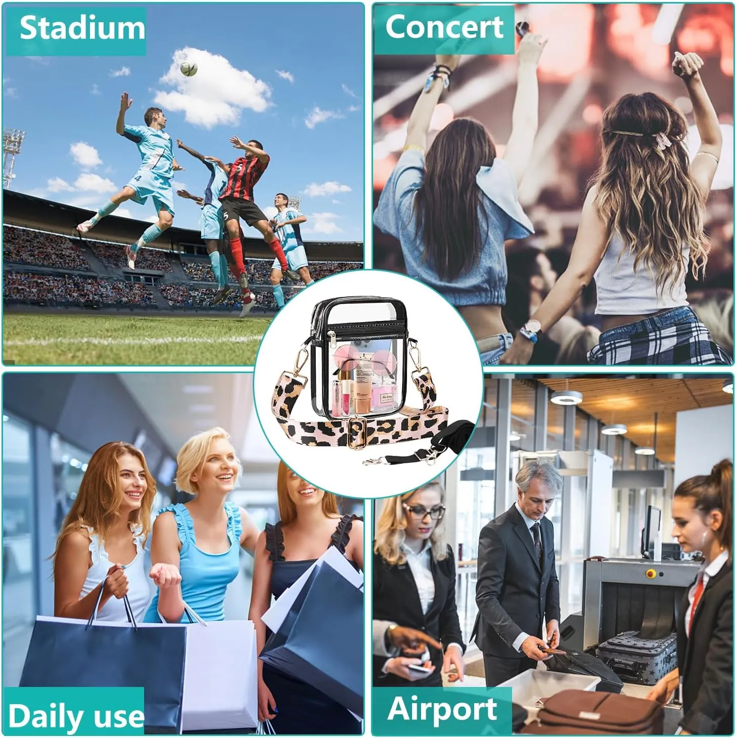 WEDDINGHELPER Clear Crossbody Bag, Clear Bag Stadium Approved Adjustable Strap for Concerts Sports Events