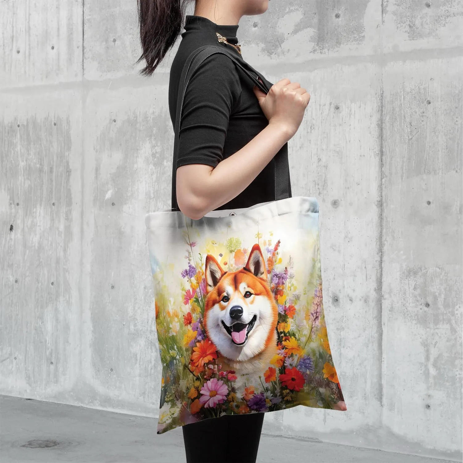 Welcome Spring Summer Dog Portrait Flower Blue Sky Canvas Tote Bag Reusable Shopping Grocery Bag