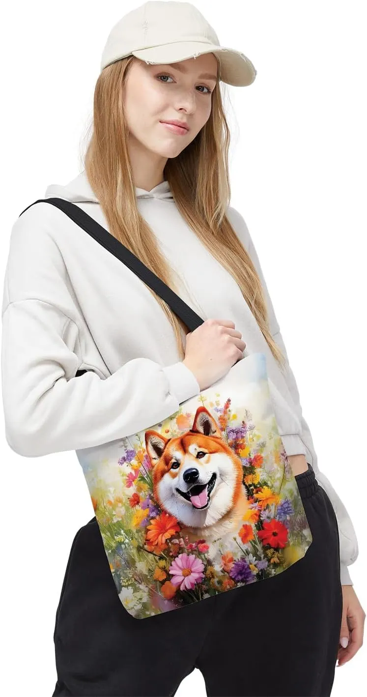 Welcome Spring Summer Dog Portrait Flower Blue Sky Canvas Tote Bag Reusable Shopping Grocery Bag