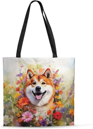 Welcome Spring Summer Dog Portrait Flower Blue Sky Canvas Tote Bag Reusable Shopping Grocery Bag