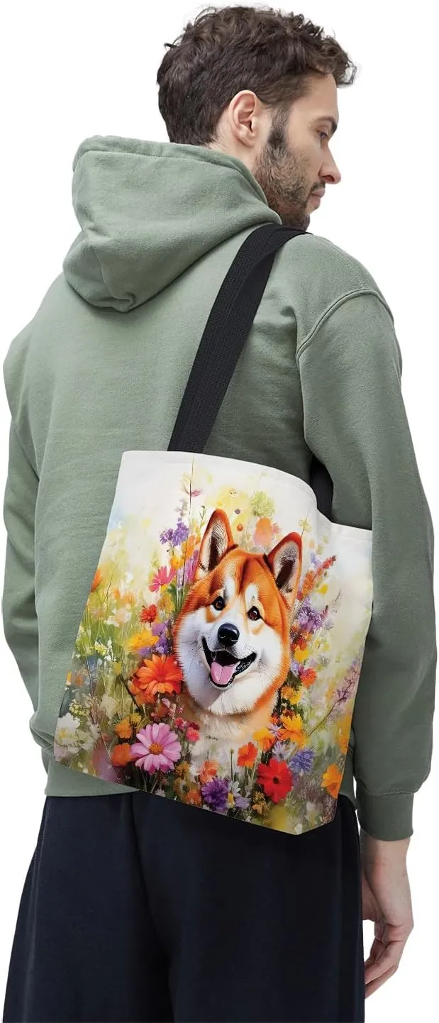 Welcome Spring Summer Dog Portrait Flower Blue Sky Canvas Tote Bag Reusable Shopping Grocery Bag