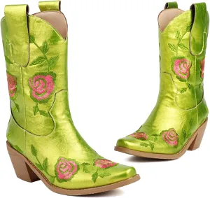 Western Cowboy Boots for Women – Embroidered Floral PU Leather Mid-Calf Boot with Chunky Heel, Slip-On Design, Comfortable Padded Insole for All Seasons