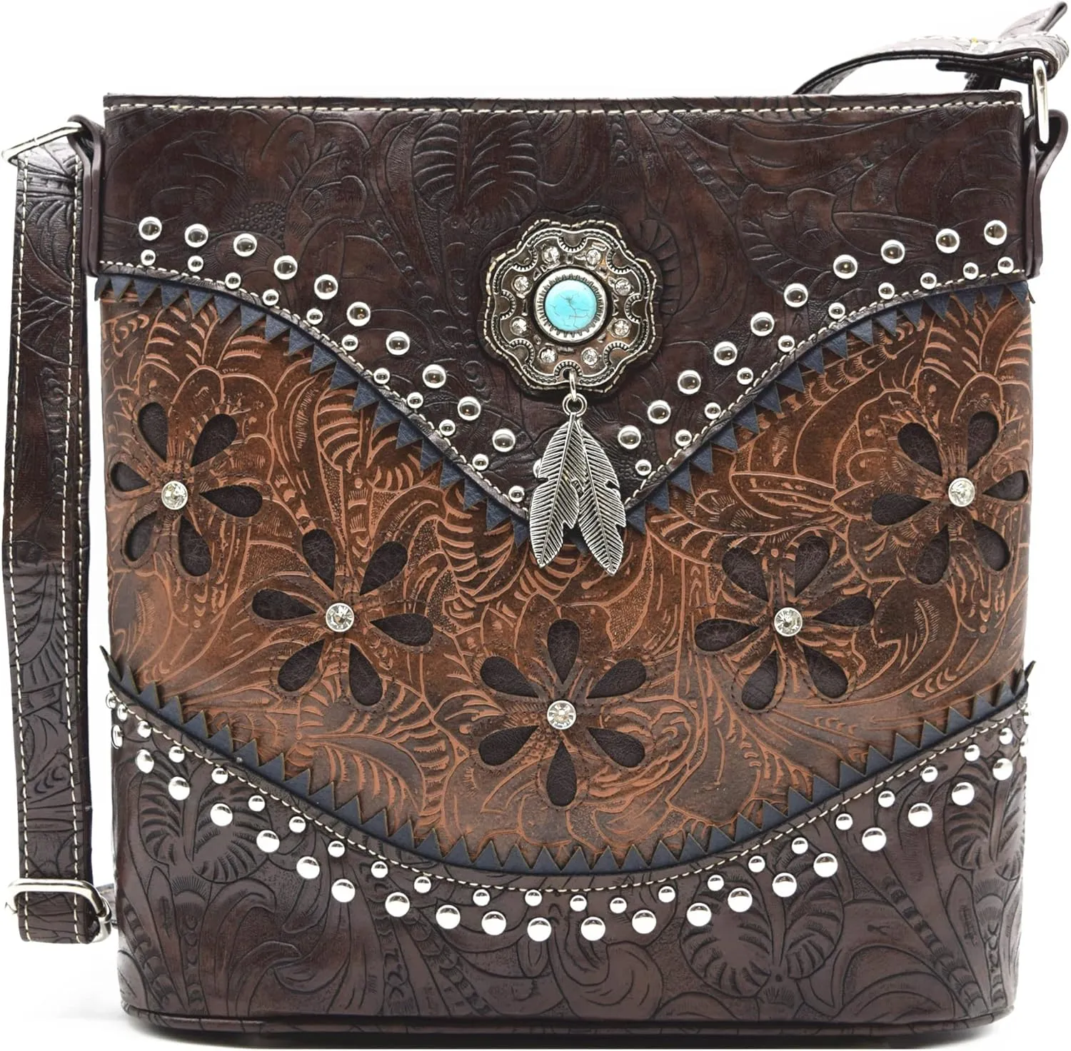 Western Style Tooled Leather Feather Crossbody Handbags Clutch Purse Women Country Everyday Shoulder Bag