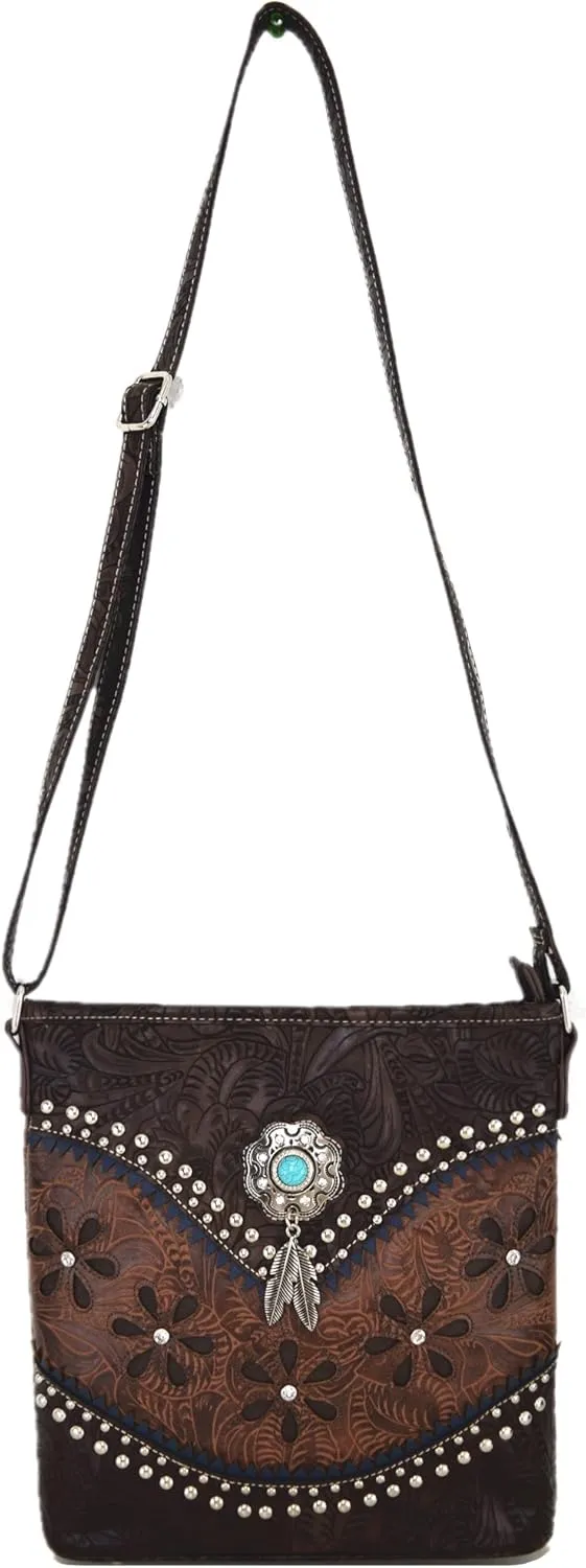 Western Style Tooled Leather Feather Crossbody Handbags Clutch Purse Women Country Everyday Shoulder Bag