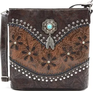 Western Style Tooled Leather Feather Crossbody Handbags Clutch Purse Women Country Everyday Shoulder Bag